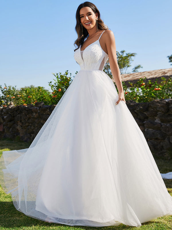 Spaghetti Straps Sleeveless Tulle Pearl Beaded Wedding Dress