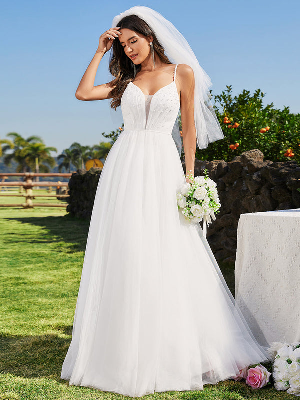 Spaghetti Straps Sleeveless Tulle Pearl Beaded Wedding Dress