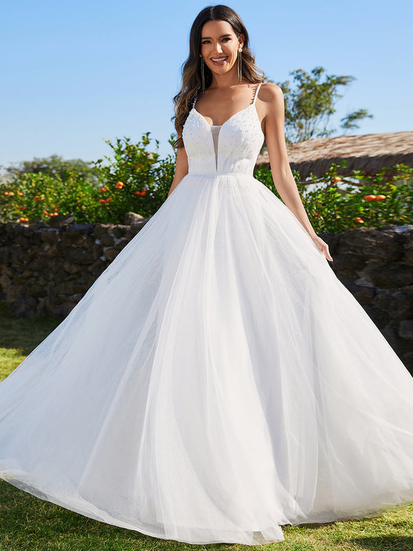 Spaghetti Straps Sleeveless Tulle Pearl Beaded Wedding Dress