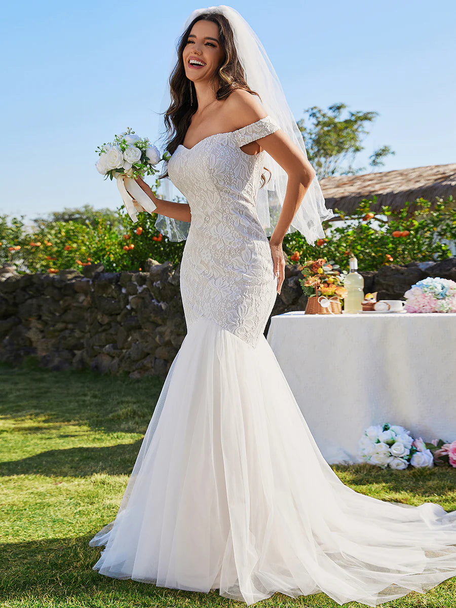 Elegant Fishtail Floor Off Shoulder Sleeveless Wedding Dress - CALABRO®