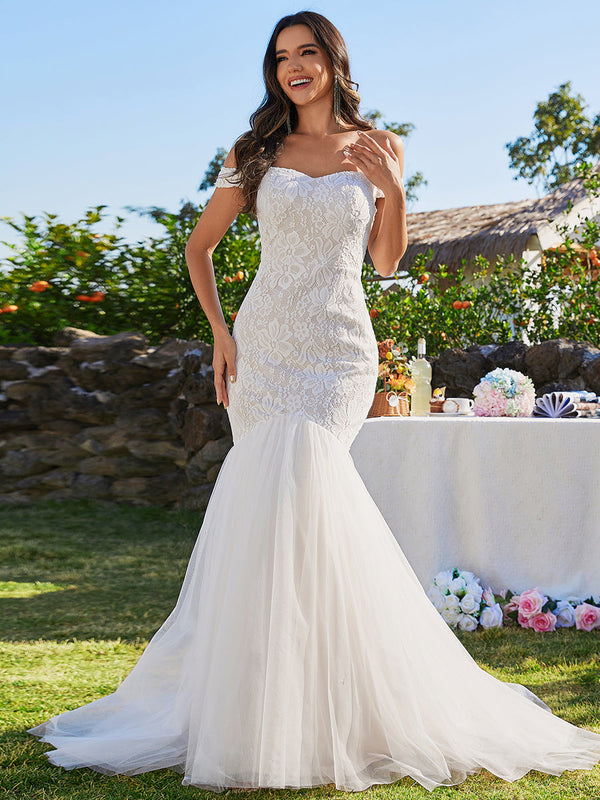 Elegant Fishtail Floor Off Shoulder Sleeveless Wedding Dress