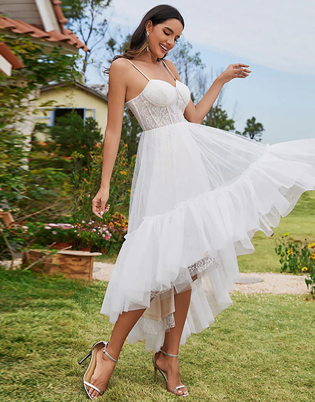 Tulle Sweetheart Spaghetti Strap High Low Wholesale Wedding Dress