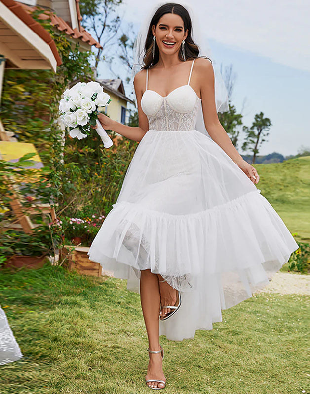 Tulle Sweetheart Spaghetti Strap High Low Wholesale Wedding Dress