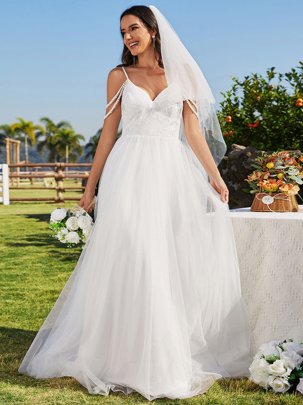 Elegant Spaghetti Straps Pearl Wedding Dress with Sleeveless