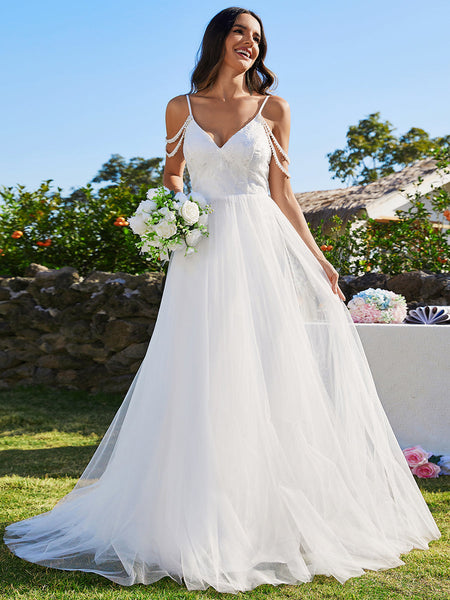 Elegant Spaghetti Straps Pearl Wedding Dress with Sleeveless