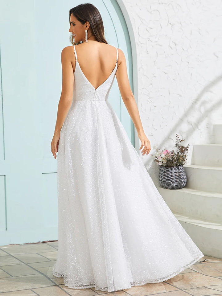 Shimmer Sequin V Neck Wedding Dress With Sleeveless - CALABRO®