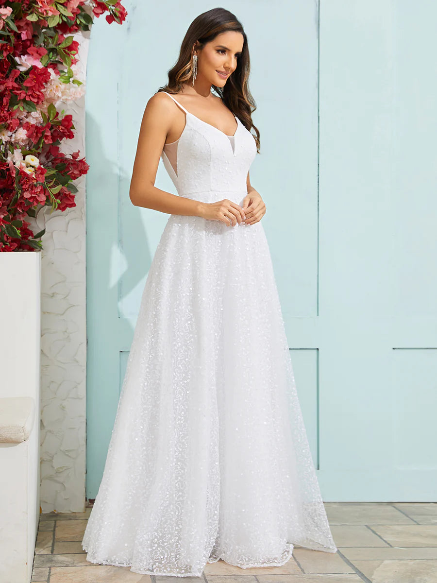 Shimmer Sequin V Neck Wedding Dress With Sleeveless - CALABRO®