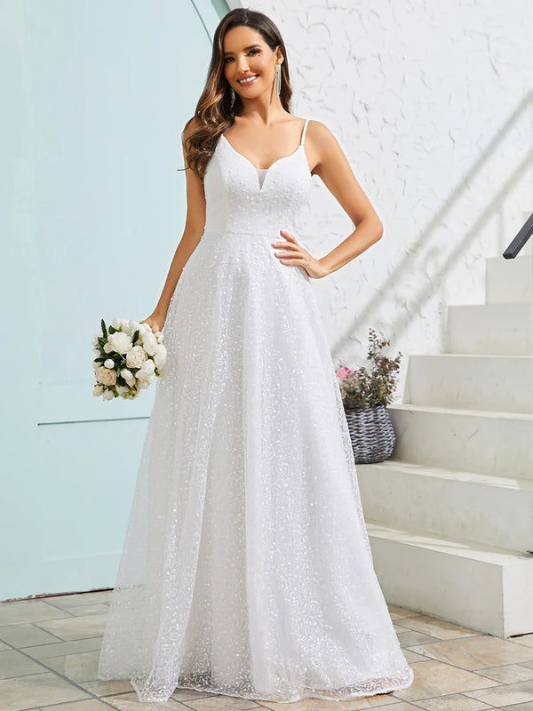 Shimmer Sequin V Neck Wedding Dress With Sleeveless