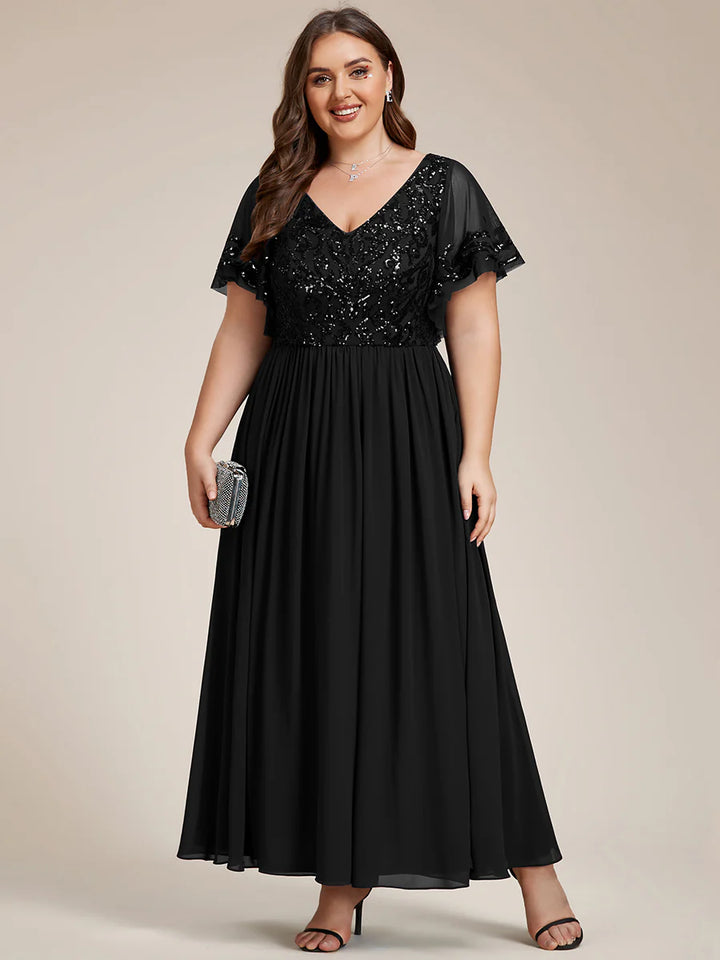 Plus Short Ruffles Sleeves V Neck