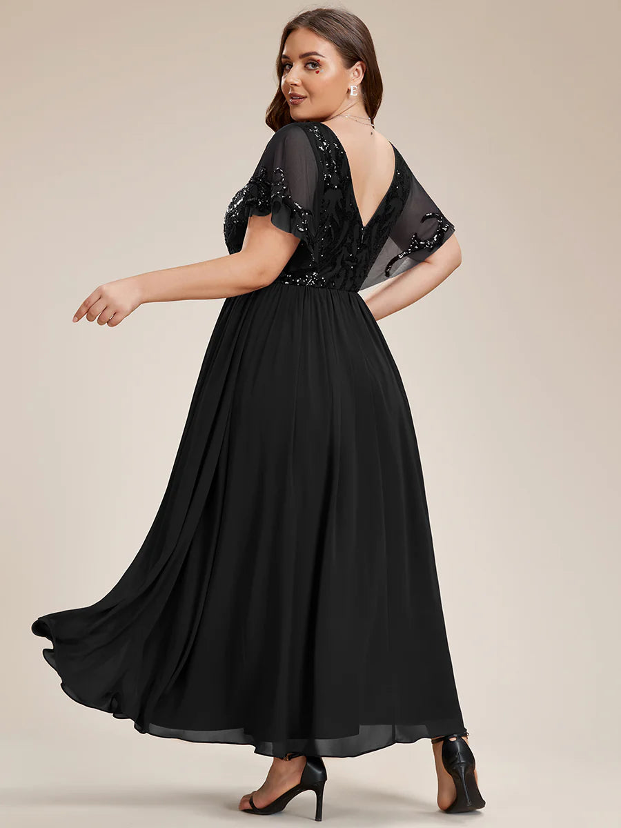 Plus Short Ruffles Sleeves V Neck