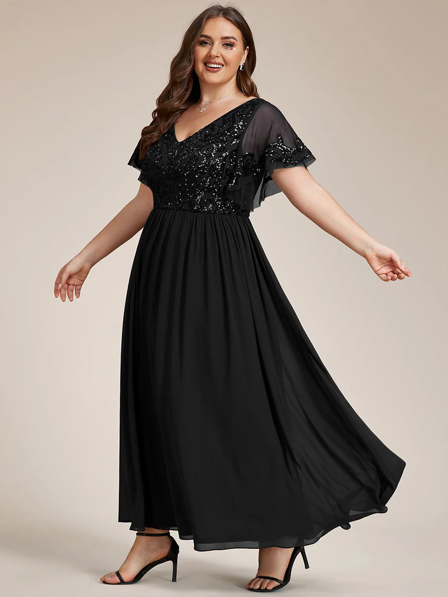 Plus Short Ruffles Sleeves V Neck