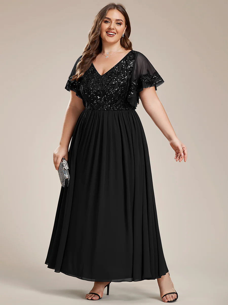Plus Short Ruffles Sleeves V Neck