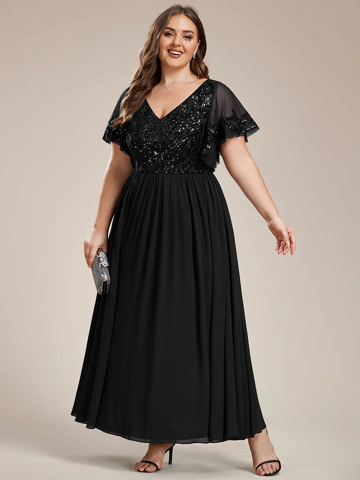 Plus Short Ruffles Sleeves V Neck
