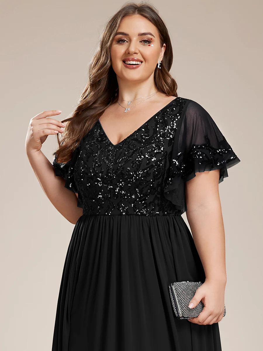 Plus Short Ruffles Sleeves V Neck