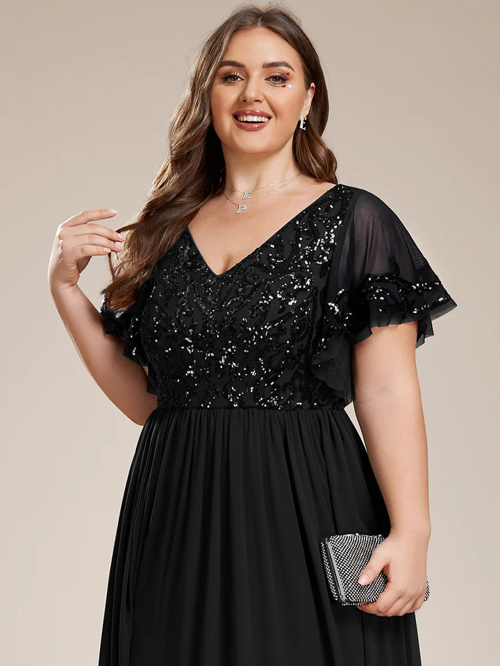 Plus Short Ruffles Sleeves V Neck