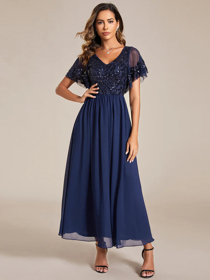 Short Ruffles Sleeves V Neck Mother of the Bride Dresses - CALABRO®