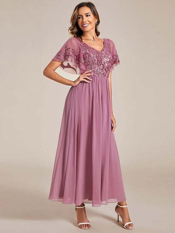 Short Ruffles Sleeves V Neck Mother of the Bride Dresses