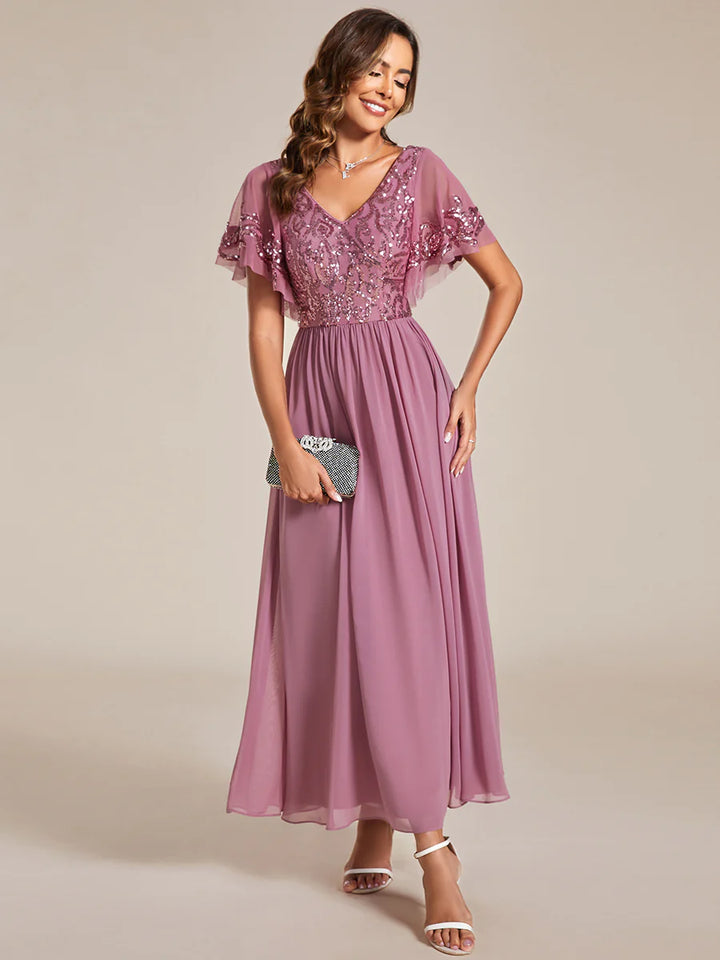 Short Ruffles Sleeves V Neck Mother of the Bride Dresses - CALABRO®