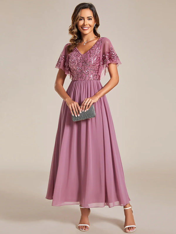 Short Ruffles Sleeves V Neck Mother of the Bride Dresses