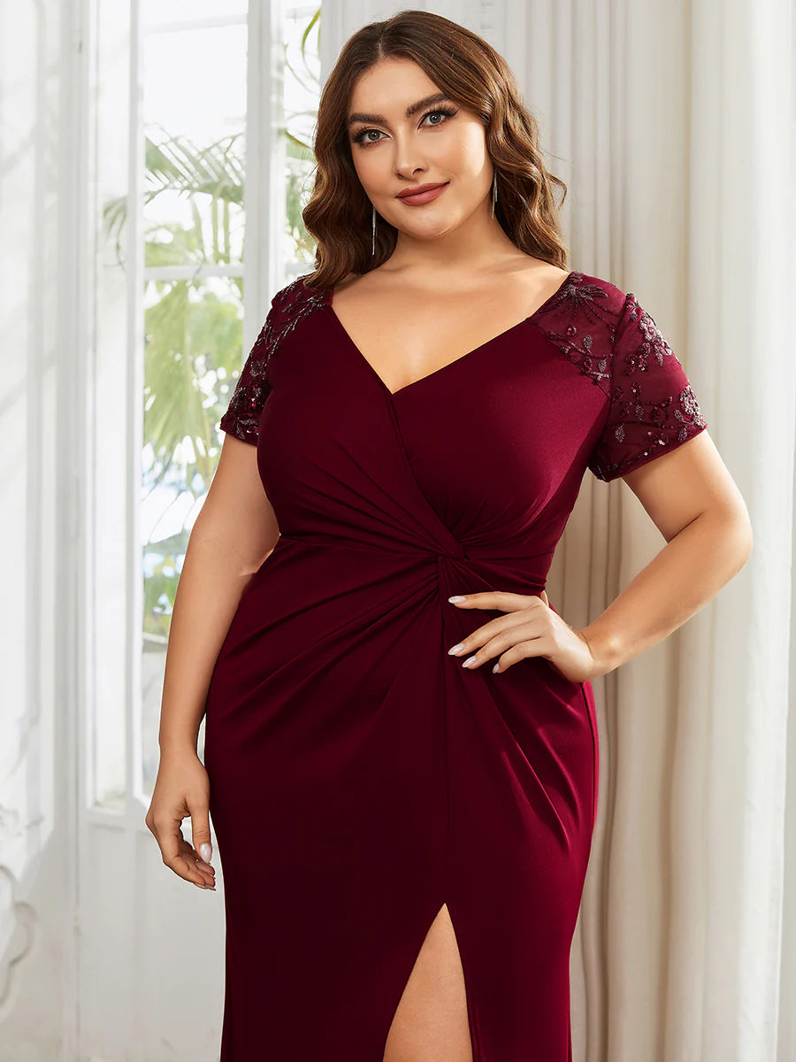 Plus Deep-V Side Split Appliques Ruched Belt Evening Dress