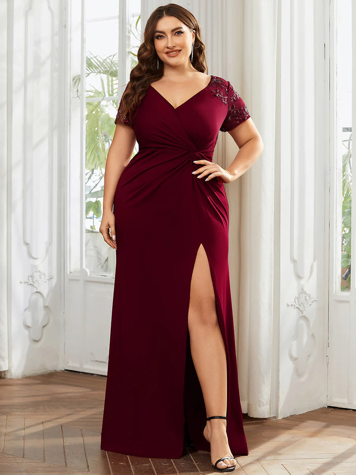 Plus Deep-V Side Split Appliques Ruched Belt Evening Dress