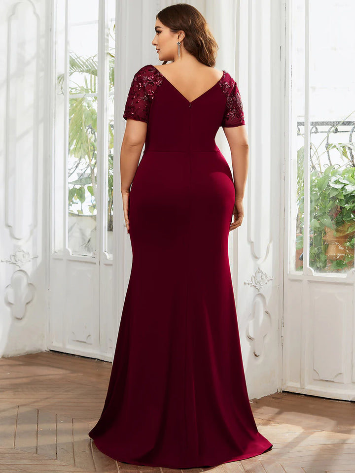 Plus Deep-V Side Split Appliques Ruched Belt Evening Dress