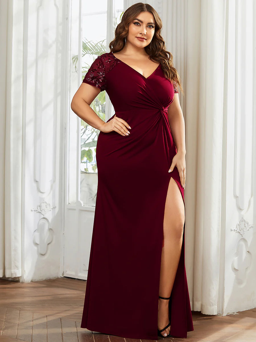 Plus Deep-V Side Split Appliques Ruched Belt Evening Dress