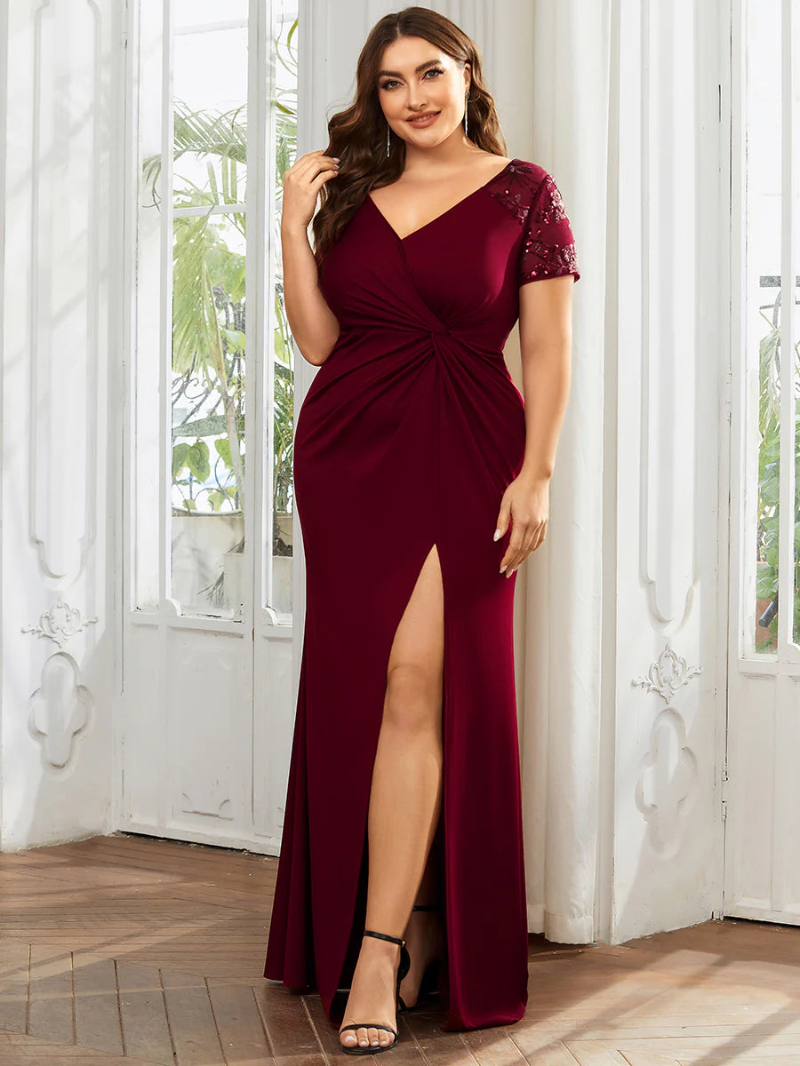 Plus Deep-V Side Split Appliques Ruched Belt Evening Dress