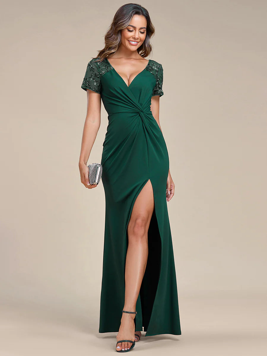 Ruched Belt Bridesmaid Dress with Deep-V Side Split Applique - CALABRO®