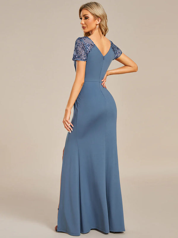 Deep-V Side Split Appliques Ruched Belt Bridesmaid Dress