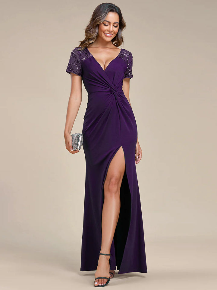 Ruched Belt Bridesmaid Dress with Deep-V Side Split Applique - CALABRO®