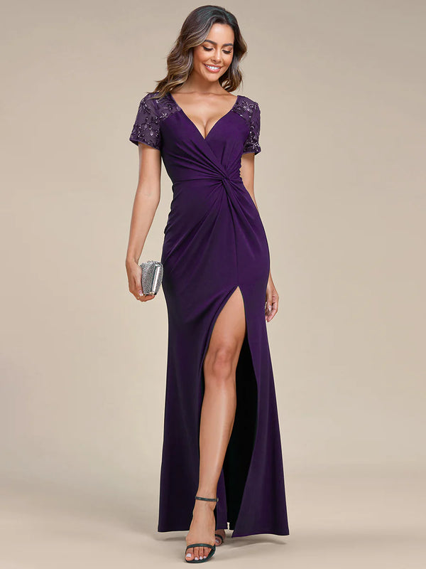 Deep-V Side Split Appliques Ruched Belt Bridesmaid Dress