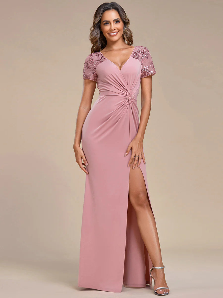 Ruched Belt Bridesmaid Dress with Deep-V Side Split Applique - CALABRO®