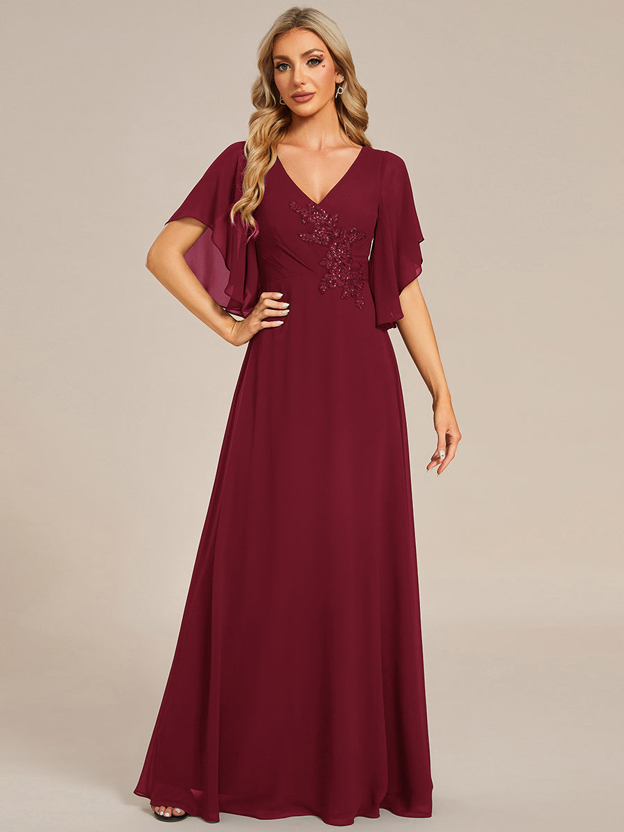 Maxi Long Chiffon Floral Embroidery Evening Dresses With Short Sleeves - CALABRO®