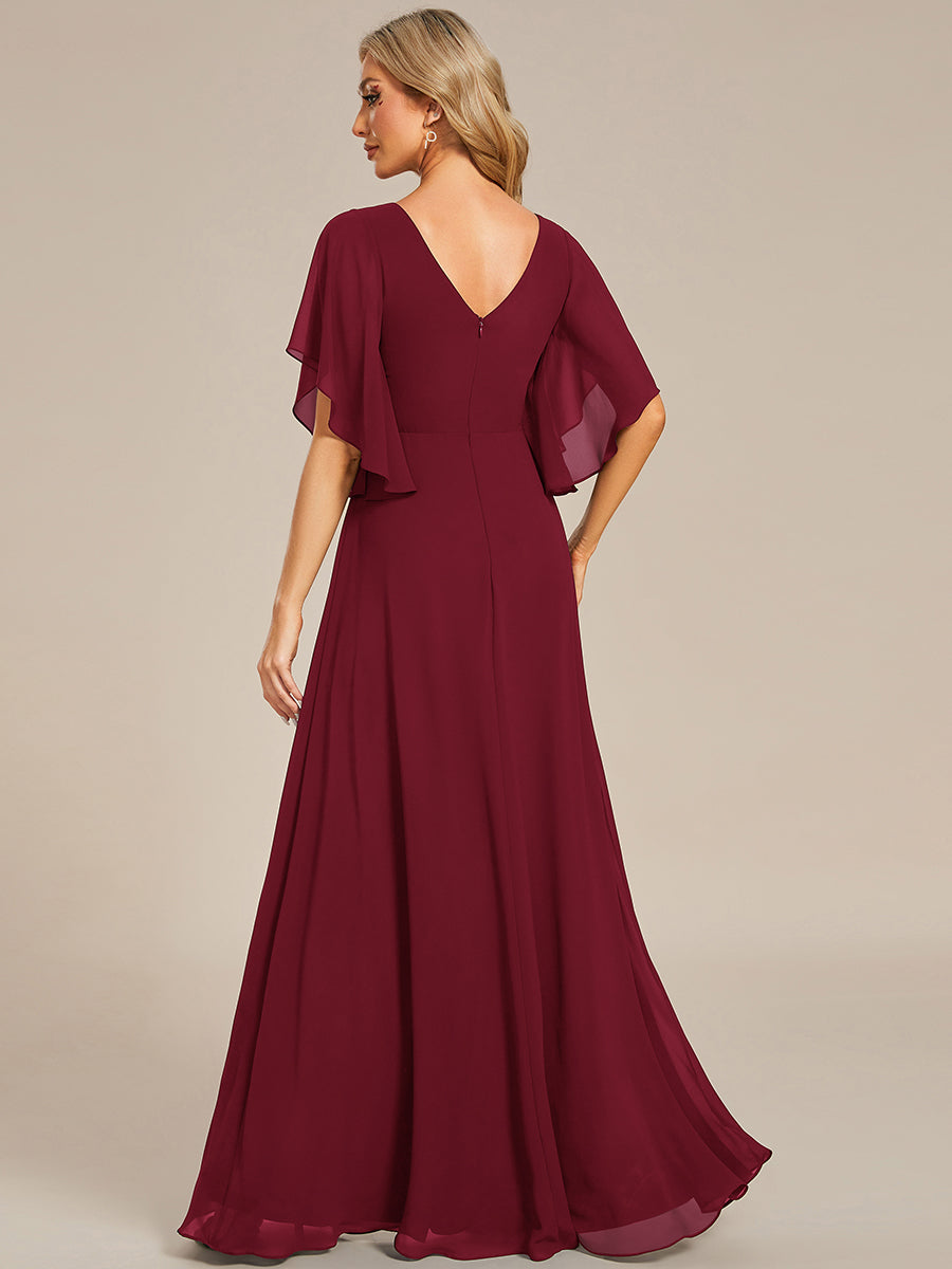 Maxi Long Chiffon Floral Embroidery Evening Dresses With Short Sleeves - CALABRO®