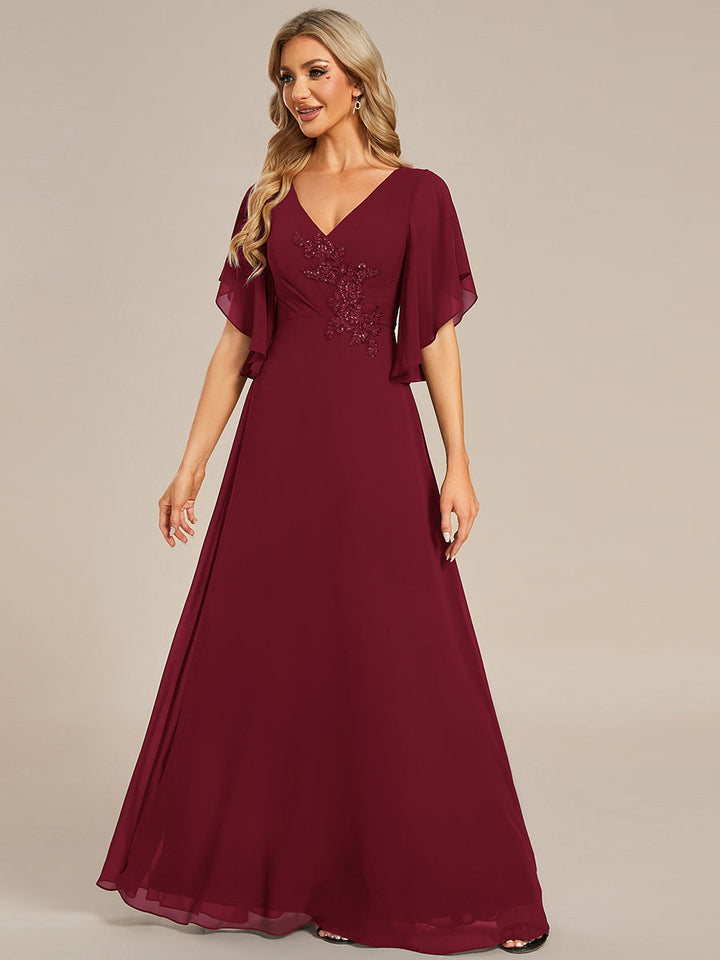 Maxi Long Chiffon Floral Embroidery Evening Dresses With Short Sleeves - CALABRO®