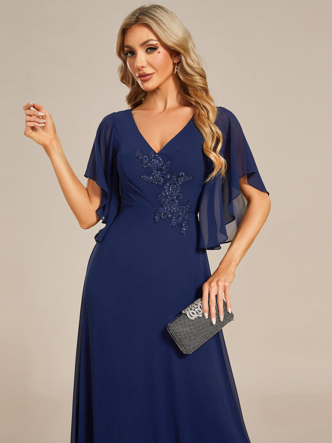 Maxi Long Chiffon Floral Embroidery Evening Dresses With Short Sleeves - CALABRO®