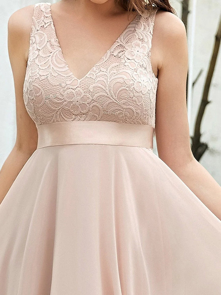 Deep V Neck Asymmetrical Hem Sleeveless Prom Dress