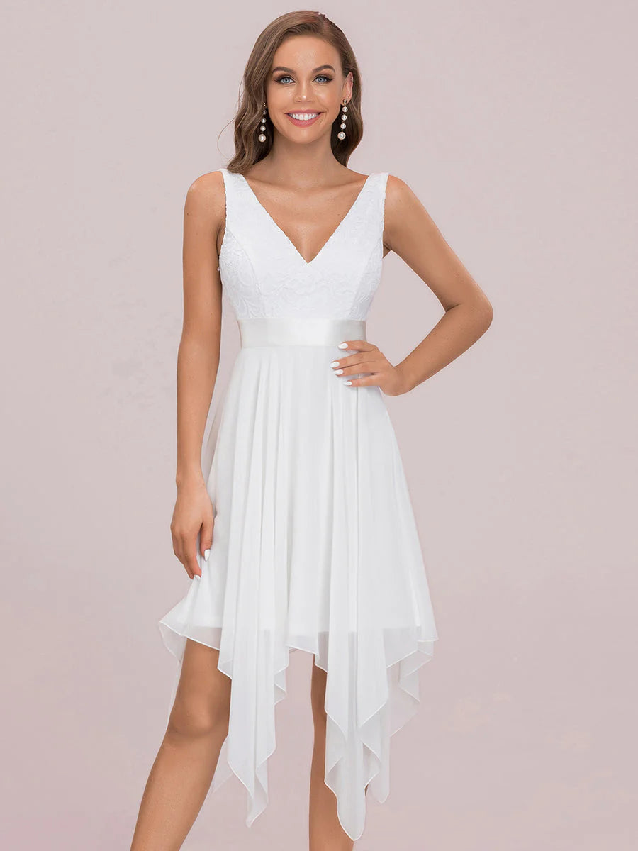 V Neck Lace Chiffon Elegant Wedding Dress - CALABRO®