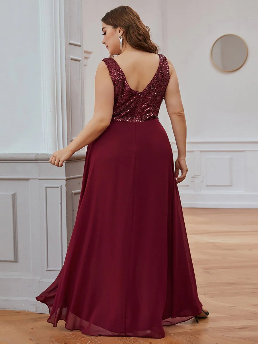 Elegant Paillette & Chiffon V-neck Sleeveless Plus Size Evening Dresses