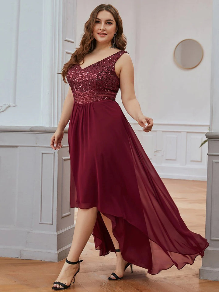 Elegant Paillette & Chiffon V-neck Sleeveless Plus Size Evening Dresses