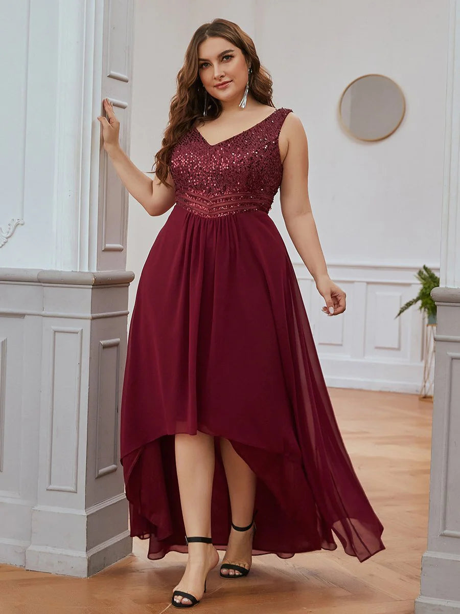 Elegant Paillette & Chiffon V-neck Sleeveless Plus Size Evening Dresses