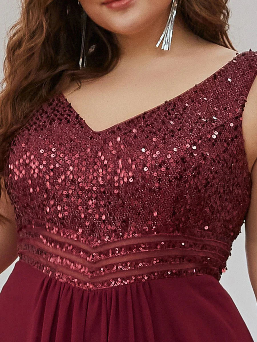 Elegant Paillette & Chiffon V-neck Sleeveless Plus Size Evening Dresses
