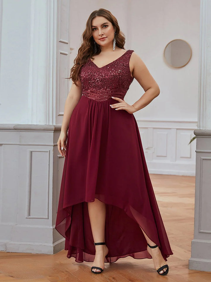 Elegant Paillette & Chiffon V-neck Sleeveless Plus Size Evening Dresses