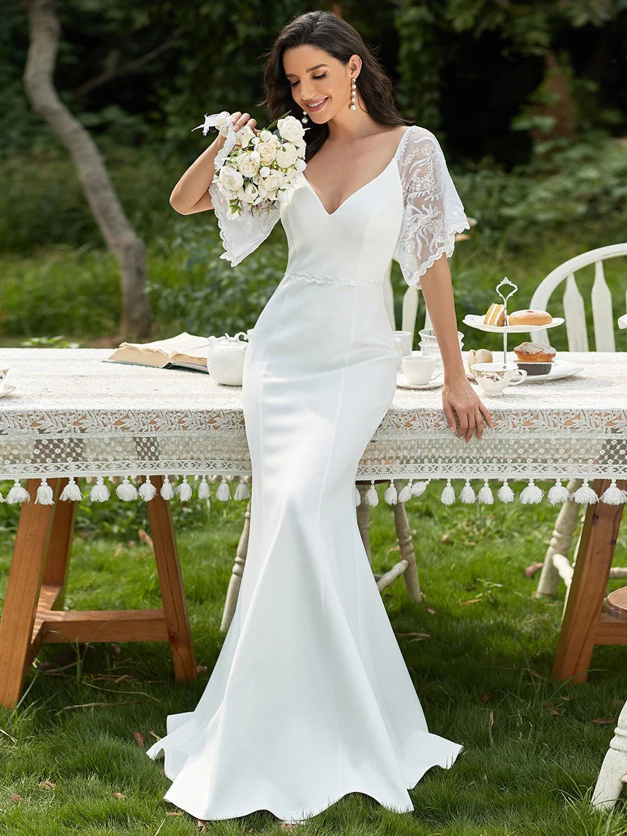 Sexy Maxi V Neck Wedding Dress with Flare Sleeves - CALABRO®