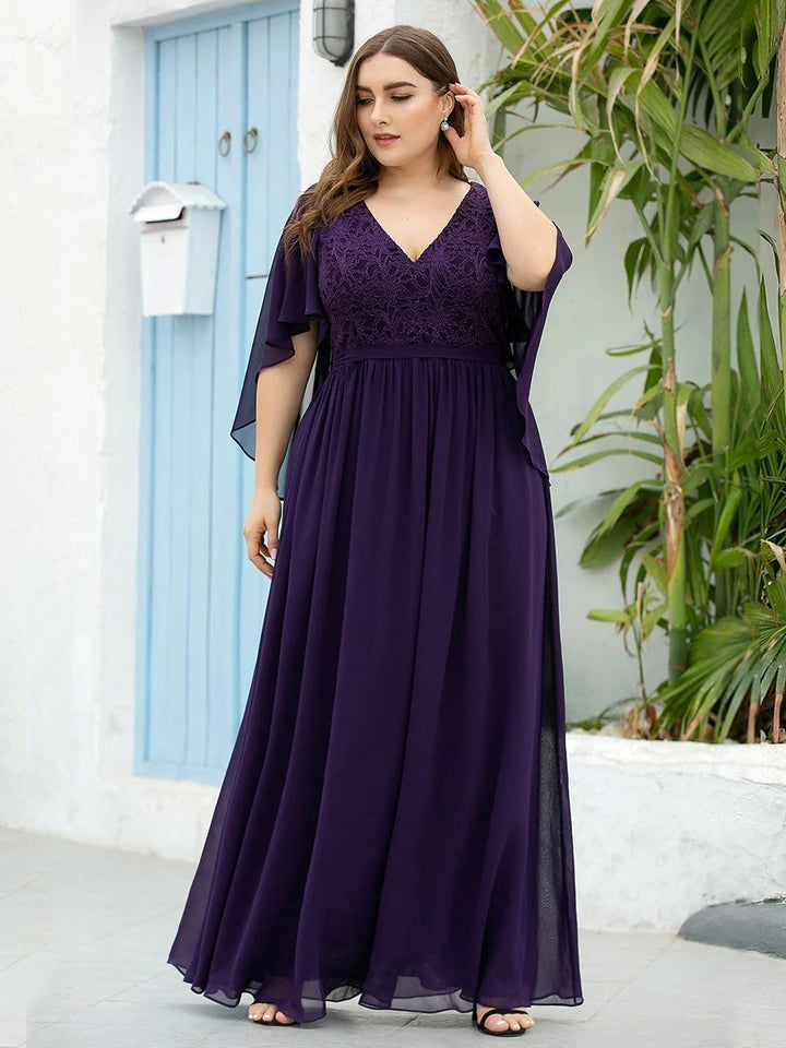 Plus Size Deep V Neck Evening Dress with Lace - CALABRO®