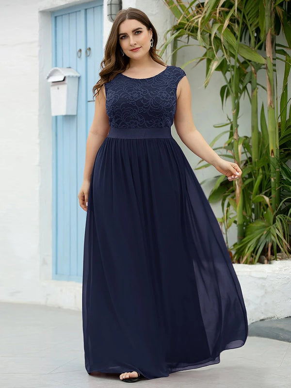 Scoop Neckline Low Back Lace Plus Size Evening Dress