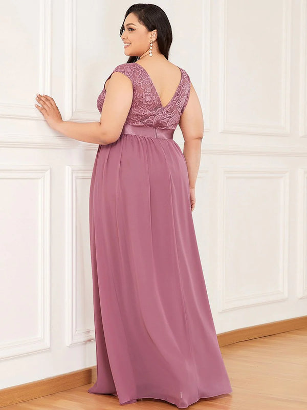 Scoop Neckline Low Back Lace Plus Size Evening Dress