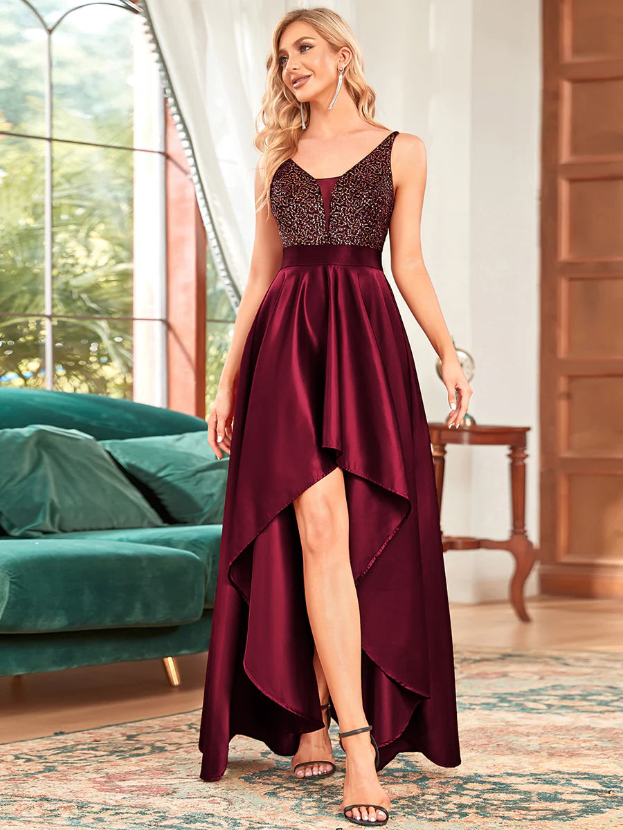 High-Low Sequin Top Satin Formal Dress