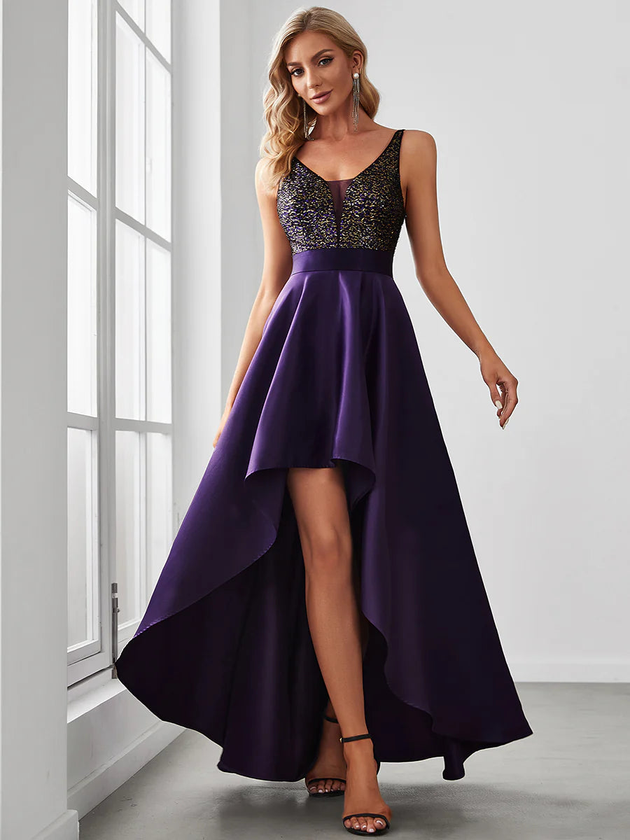 High-Low Sequin Top Satin Formal Dress